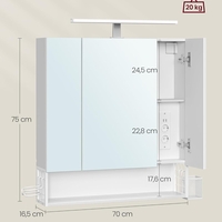 VASAGLE Dulap de baie de perete, cu oglinda si LED, prize si USB incorporate, 70x16x75 cm, alb