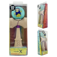 Kendama X Originala, Profesionala, Flippy, Blue Monkey, Super Sticky cu Cupe Mari King Size V3, Rulment Metalic si Gaura in Baza, din Lemn 18 cm, Ata 62/65 cm, Turcoaz