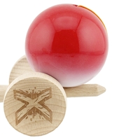 Kendama X Originala, Profesionala, Flippy, Big Cups V2, Super Sticky cu Cupe Mari, din lemn 18 cm, Rulment Metalic cu Ata 55 cm, Gradient Rosu/Alb