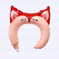 Balon din Folie Metalizata, Vafy, Tip Coronita cu Urechi, Model Vulpe, Ambalaj Individual, Pai Inclus, Umflare cu Aer sau Heliu, 27 x 29 cm, Rosu