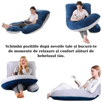 Perna pentru Gravide, Flippy, Perna de Sarcina, Detasabila si Lavabila, Ergonomica Tip J, Captuseala din Poliester, 155 x 75 x 60 cm, Bleumarin/Gri deschis