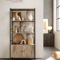 VASAGLE Biblioteca cu 4 rafturi si dulap inferior cu 2 usi, stil industrial, 74x30x155cm, stejar