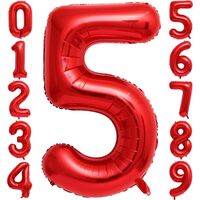 Balon din Folie Metalizata Flippy, Figurina Cifra, Tema Aniversare 40 cm, Ambalaj Individual, Pai inclus, Umflare cu Aer sau Heliu, Rosu, Cifra 5
