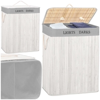 Cos pentru rufe din bambus, pliabil, cu 2 compartimente, volum 105 L, 63x52x33 cm, alb si gri