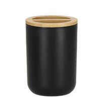 Set de accesorii rotunde pentru baie din plastic cu elemente bambus, 6 piese, negru