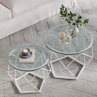 VASAGLE Set 2 masute rotunde, blat sticla securizata, cadru metalic alb, 40 si 50 cm, alb