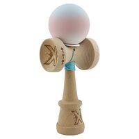 Kendama X Originala, Profesionala, Flippy, Cupe Mari KING SIZE V3, Rubber Grip, Gaura in Baza, Rulment Metalic, din lemn 18 cm, Ata 62/65 cm, Gradient Albastru deschis/Roz/Alb
