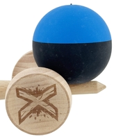 Kendama X Originala, Profesionala, Flippy, Rubber Grip, Cupe Mari KING SIZE V3, Gaura in Baza, Rulment Metalic, din lemn 18 cm, Ata 62/65 cm, Bicolor Albastru/Negru