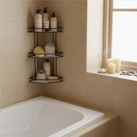 Etajera de colt pentru dus, cu 3 polite, montaj pe perete, inox, 25x25x59 cm, negru