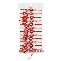 Martisor Bratara cu Ciucure pentru Dama, Jolie, Model Cerc cu Inima, Set 12 bucati, Pandativ din Inox, Snur Reglabil, Rosu/Alb