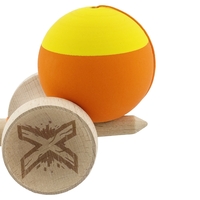 Kendama X Originala, Profesionala, Flippy, Rubber Grip, Cupe Mari KING SIZE V3, Gaura in Baza, Rulment Metalic, din lemn 18 cm, Ata 62/65 cm, Bicolor Galben/Portocaliu