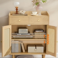 SONGMICS Dulap 70x40x90 cm, cu 2 sertare, raft reglabil si usi duble, MDF si lemn masiv, stil boho, stejar bej