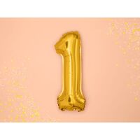 Balon din Folie Metalizata Flippy, Figurina Cifra, Tema Aniversare 100 cm, Ambalaj Individual, Pai inclus, Umflare cu Aer sau Heliu, Auriu, Cifra 1