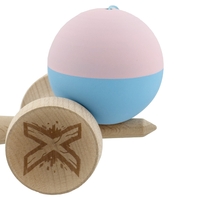 Kendama X Originala, Profesionala, Flippy, Rubber Grip, Cupe Mari KING SIZE V3, Gaura in Baza, Rulment Metalic, din lemn 18 cm, Ata 62/65 cm, Bicolor Roz/Bleu