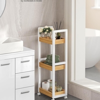 SONGMICS Carucior de baie, raft ingust cu roti, bambus si MDF, 20x30x80 cm, alb si maro natur
