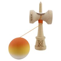 Kendama X Originala, Profesionala, Flippy, Cupe Mari KING SIZE V3, Rubber Grip, Gaura in Baza, Rulment Metalic, din lemn 18 cm, Ata 62/65 cm, Gradient Portocaliu/Galben/Alb