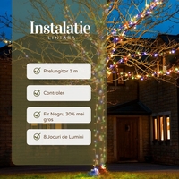 Instalatie de Craciun Liniara Yoto, 50 m, 1 m Prelungitor 220V, 498 LED, 8 Jocuri de Lumini, Controler, Fir Negru, Utilizare Interior/Exterior, Protectie anti-inghet, Fir Cupru, Multicolor