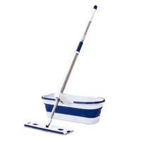 Mop Plat, Flippy, cu Galeata Pliabila, 2 Rezerve din Microfibra, 127 cm Tija Telescopica, Utilizare Umeda/Uscata, Recipient Lichid, Albastru