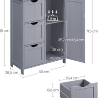 VASAGLE Dulap de baie, din MDF, cu 3 sertare, raft reglabil, 30x60x81cm, gri