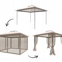 Cort pavilion de gradina tip pergola, automat pop-up, 300×300 cm, cu 4 pereti laterali cu plasa, impermeabil cu rezistenta UV, bej