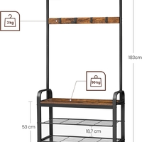 VASAGLE Cuier pentru hol cu banca si suport pantofi, stil industrial, 84x34x183 cm, maro rustic