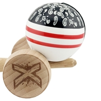 Kendama X Originala CHICANOS, Profesionala, Flippy, Cupe Mari KING SIZE V3, Super Sticky, Gaura in Baza, Rulment Metalic, din lemn 18 cm, Ata 62/65 cm, Negru/Alb
