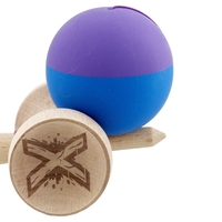 Kendama X Originala, Profesionala, Flippy, Rubber Grip, Cupe Mari KING SIZE V3, Gaura in Baza, Rulment Metalic, din lemn 18 cm, Ata 62/65 cm, Bicolor Mov/Albastru