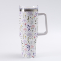 Cana Termos din Plastic, Flippy, pentru Bauturi Calde si Reci, cu Maner, Imprimeu Floral, Alb, 10x7.6x27.5 cm