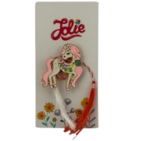 Martisor pentru copii, Jolie, Material Metal, Ambalaj Carton cu Design, Dimensiune Brosa Aproximativ 2x2 cm, Multicolor, cu Mesaj, Model Unicorn