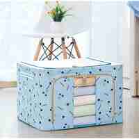 Cutie de Depozitare Pliabila, Flippy, 66 L, din Tesatura Oxford, 50x40x33 cm, Fereastra Frontala, 2 Usi de Acces cu Fermoar Bidirectional, Cadru Metalic, Suport Baza Stabil din Plastic, Imprimeu Cirese, Albastru