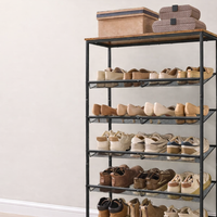 VASAGLE Etajera pantofi 6 niveluri, rafturi metalice reglabile, blat din PAL, stil industrial, 75x28x114 cm, maro rustic