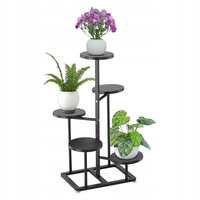 Suport pentru flori cu structura metalica, 5 niveluri, cu rafturi rotunde, 47x47x80 cm, negru