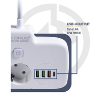 Adaptor Priza, Vafy, 6 in 1, 2 Prize Standard, 3 Porturi USB, 1 Port Tip C, Buton Oprire, 2500W, din PC, Alb