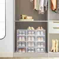 SONGMICS Cutii de pantofi, set de 12 organizatoare stivuibile, structura rezistenta ABS, 34x23x14 cm, transparent