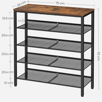 VASAGLE Raft de pantofi, 5 niveluri, rafturi reglabile din plasa, metal, stil industrial, 75x28x93cm, maro vintage negru