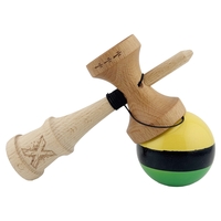 Kendama X Originala, Profesionala, Flippy, Big Cups V2, Super Sticky cu Cupe Mari, Rulment Metalic, din lemn 18 cm, Ata 55 cm, Galben/Negru/Verde