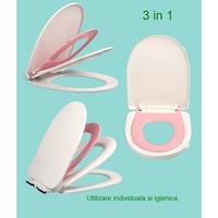 Capac de Toaleta cu Reductie 3 in 1, Flippy, pentru Copii +3 Ani si Adulti, Coborare Lenta si Silentioasa, Instalare Usoara, din PP5 , in Forma de O, Alb/Roz