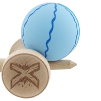 Kendama X Originala, Profesionala, Flippy, Rubber Grip, Cupe Mari KING SIZE V3, Gaura in Baza, Rulment Metalic, din lemn 18 cm, Ata 62/65 cm, Special Albastru deschis