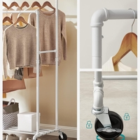 SONGMICS Suport haine cu 2 bare si raft, cu roti, cadru metalic, design industrial, 100x59x162 cm, alb