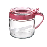 Recipient Condimente, Vafy, din Stilca, 180 ml, cu Maner si Lingurita, 8 x 9 cm, Capac Transparent, Roz