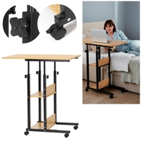Birou reglabil pe inaltime cu rafturi si roti, blat din lemn si structura metalica, 80x40x76-86 cm, maro natur