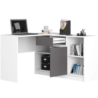 Birou de colt cu sertar, usa si 6 rafturi, PAL laminat 16 mm, 120x126x79 cm, alb si gri