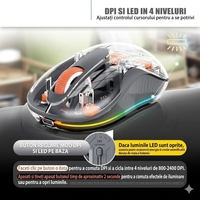 Mouse Wireless, Vafy, Dual Bluetooth, 2.4 GHz, Multi Device, USB-C, 4 Niveluri DPI 800-2400, Reincarcabil, Iluminare LED, Compatibil MacBook/iPad/Laptop, 10 x 6 cm, Gri