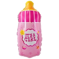 Balon din Folie Metalizata, Vafy, Mini Figurina Biberon, Model It's a Girl, Tematica Gender Reveal, 44x20 cm, Ambalaj Individual, Pai Inclus, Umflare cu Aer sau Heliu, Roz
