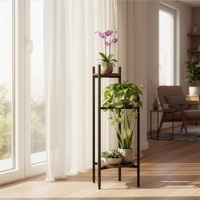 Suport pentru flori, rotund cu 3 polite, structura metalica si MDF, 32x32x81 cm, negru
