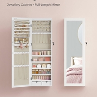 SONGMICS Dulap pentru bijuterii cu oglinda, montare pe perete sau usa, material MDF, inchidere cu cheie, 120x37x10 cm, alb