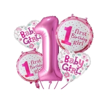 Balon din Folie Metalizata, Vafy, Prima Aniversare, Model First Birthday Girl, 45 cm, Ambalaj Individual, Pai Inclus, Umflare cu Aer sau Heliu, Roz