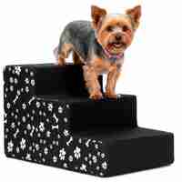 Scara pentru animale de companie, caini sau pisici, 3 trepte, antiderapanta, husa detasabila, inaltime 30 cm, negru cu decor alb