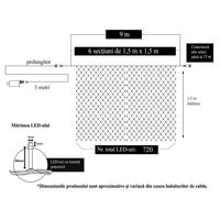 Instalatie Craciun, Tip Plasa, 9 m x 1.5 m, 720 LED-uri, Albastru, 8 jocuri de lumini, Transformator, Interconectabila, Prelungitor 3 m inclus, Fir transparent, Vafy
