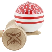 Kendama X Originala CHICANOS, Profesionala, Flippy, Cupe Mari KING SIZE V3, Super Sticky, Gaura in Baza, Rulment Metalic, din lemn 18 cm, Ata 62/65 cm, Rosu/Alb